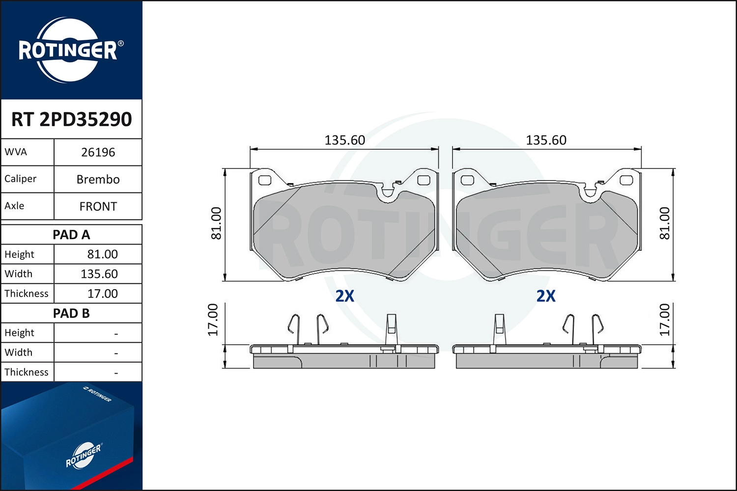 Kit de plaquettes de frein, frein à disque ROTINGER RT 2PD35290