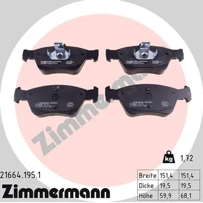 Kit de plaquettes de frein, frein à disque ZIMMERMANN 21664.195.1