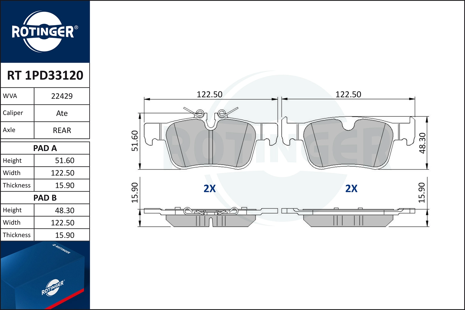 Kit de plaquettes de frein, frein à disque ROTINGER RT 1PD33120