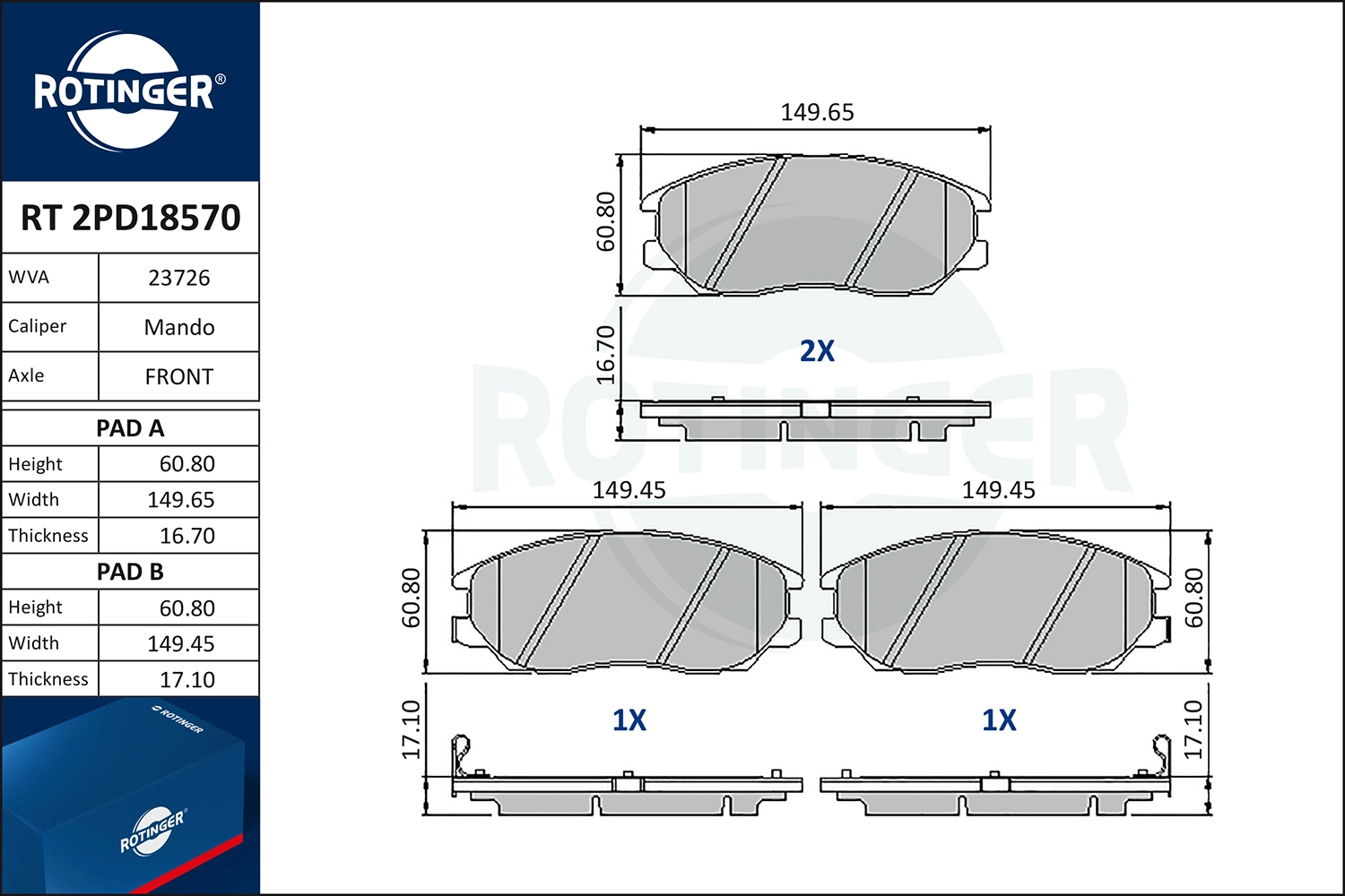 Kit de plaquettes de frein, frein à disque ROTINGER RT 2PD18570