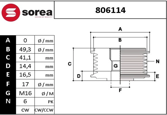 Poulie roue libre, alternateur SNRA 806114