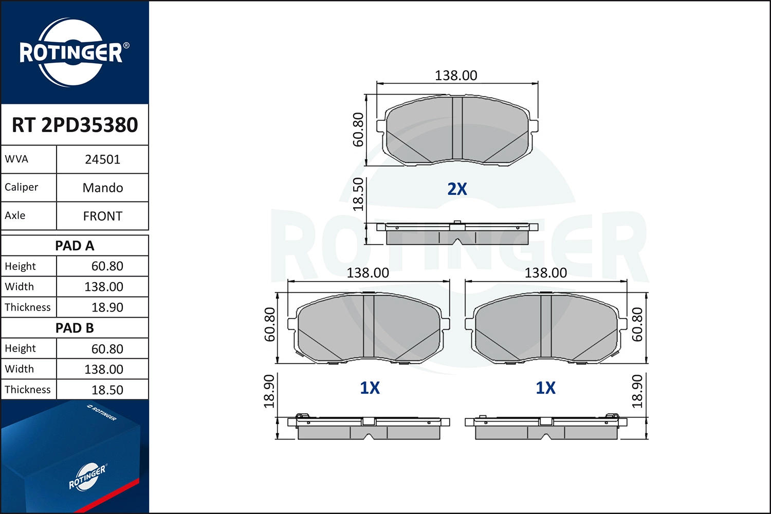Kit de plaquettes de frein, frein à disque ROTINGER RT 2PD35380