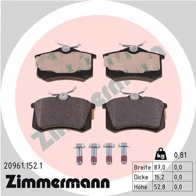 Kit de plaquettes de frein, frein à disque ZIMMERMANN 20961.152.1