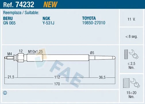 Bougie de préchauffage FAE 74232
