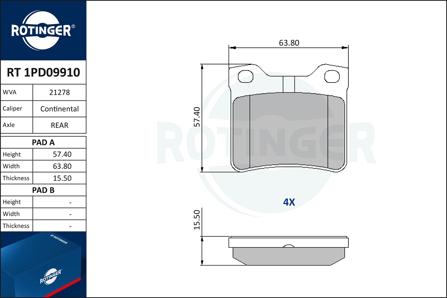 Kit de plaquettes de frein, frein à disque ROTINGER RT 1PD09910