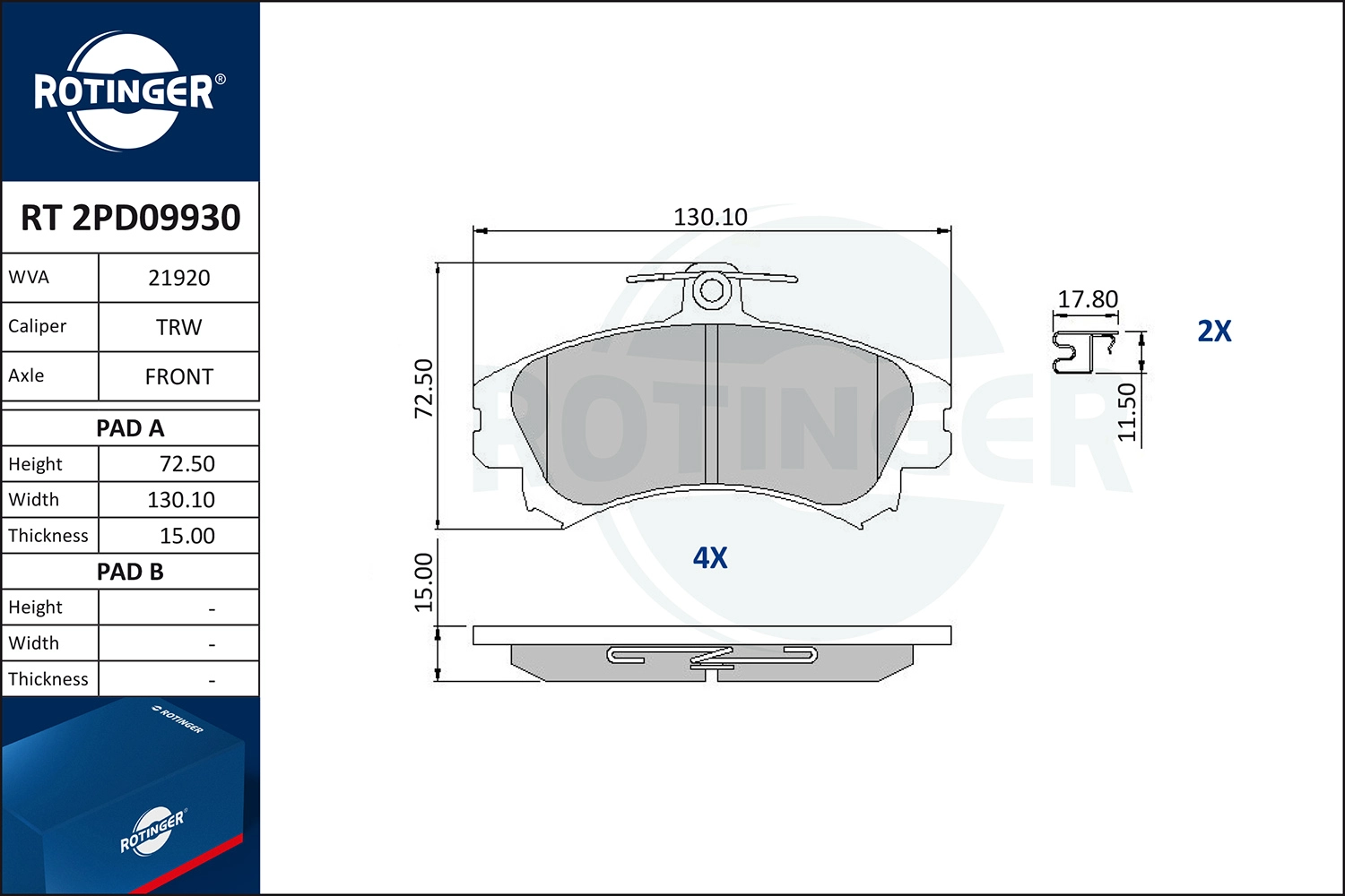 Kit de plaquettes de frein, frein à disque ROTINGER RT 2PD09930
