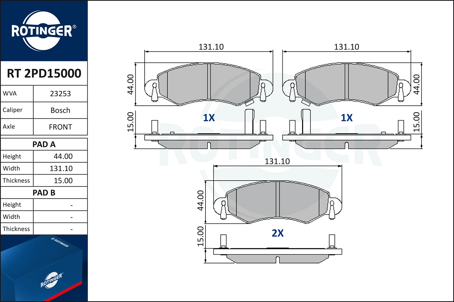 Kit de plaquettes de frein, frein à disque ROTINGER RT 2PD15000