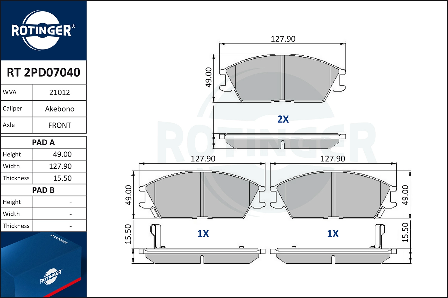 Kit de plaquettes de frein, frein à disque ROTINGER RT 2PD07040