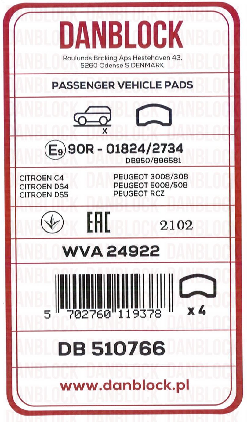 Kit de plaquettes de frein, frein à disque DANBLOCK DB 510766