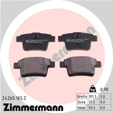 Kit de plaquettes de frein, frein à disque ZIMMERMANN 24260.165.2