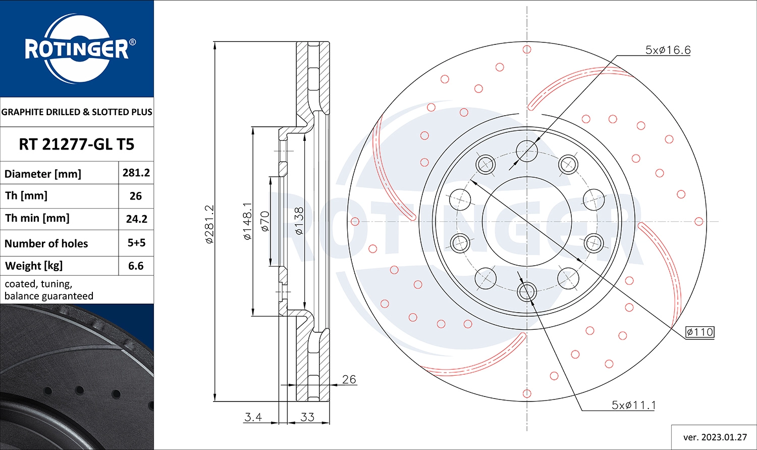 Disque de frein ROTINGER RT 21277-GL T5