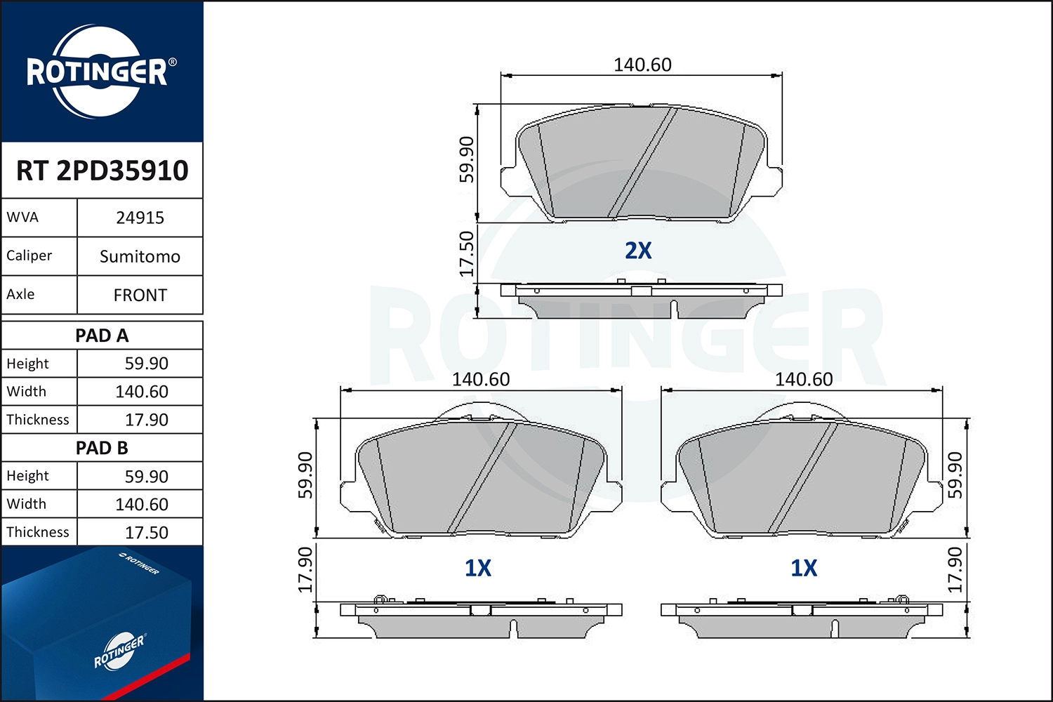 Kit de plaquettes de frein, frein à disque ROTINGER RT 2PD35910