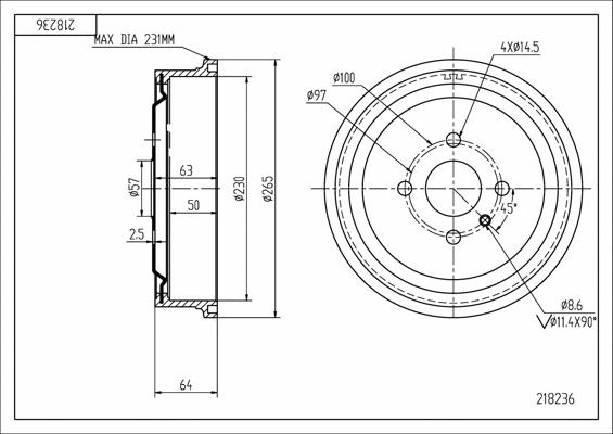 Tambour de frein HART 218 236