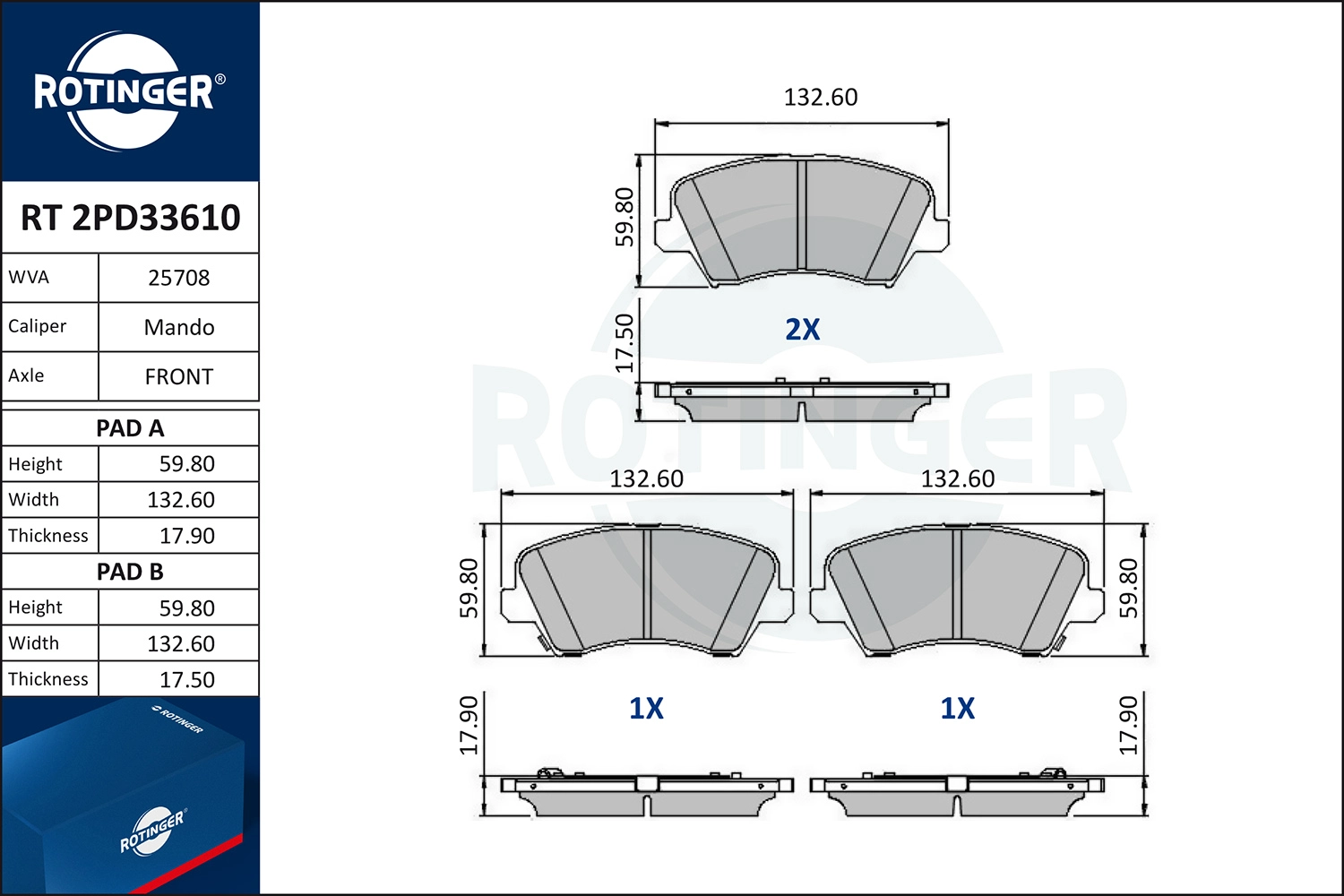 Kit de plaquettes de frein, frein à disque ROTINGER RT 2PD33610