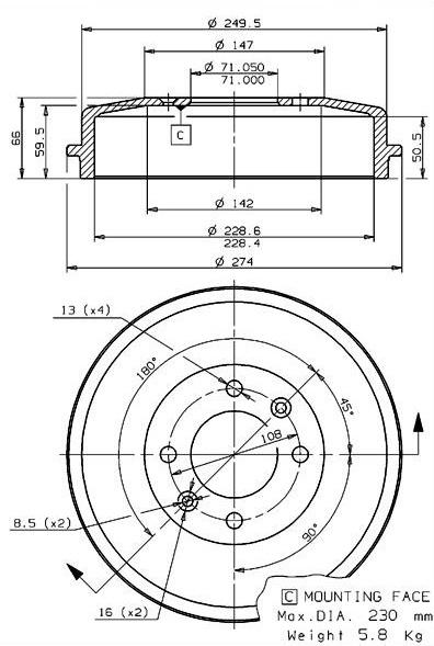 Tambour de frein VILLAR 627.0042