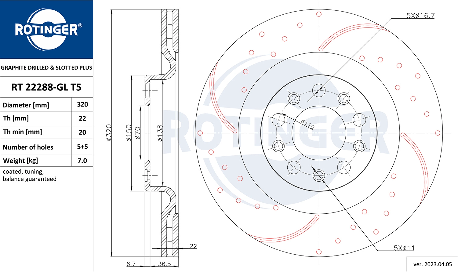 Disque de frein ROTINGER RT 22288-GL T5