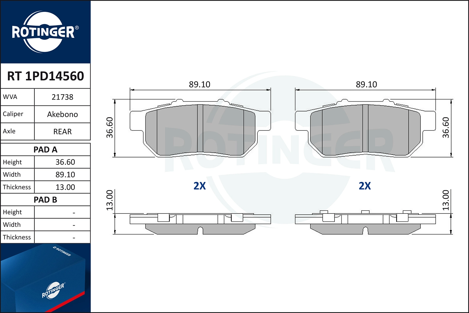 Kit de plaquettes de frein, frein à disque ROTINGER RT 1PD14560
