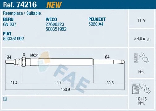 Bougie de préchauffage FAE 74216
