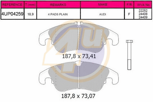 Kit de plaquettes de frein, frein à disque 4u 4UP04259