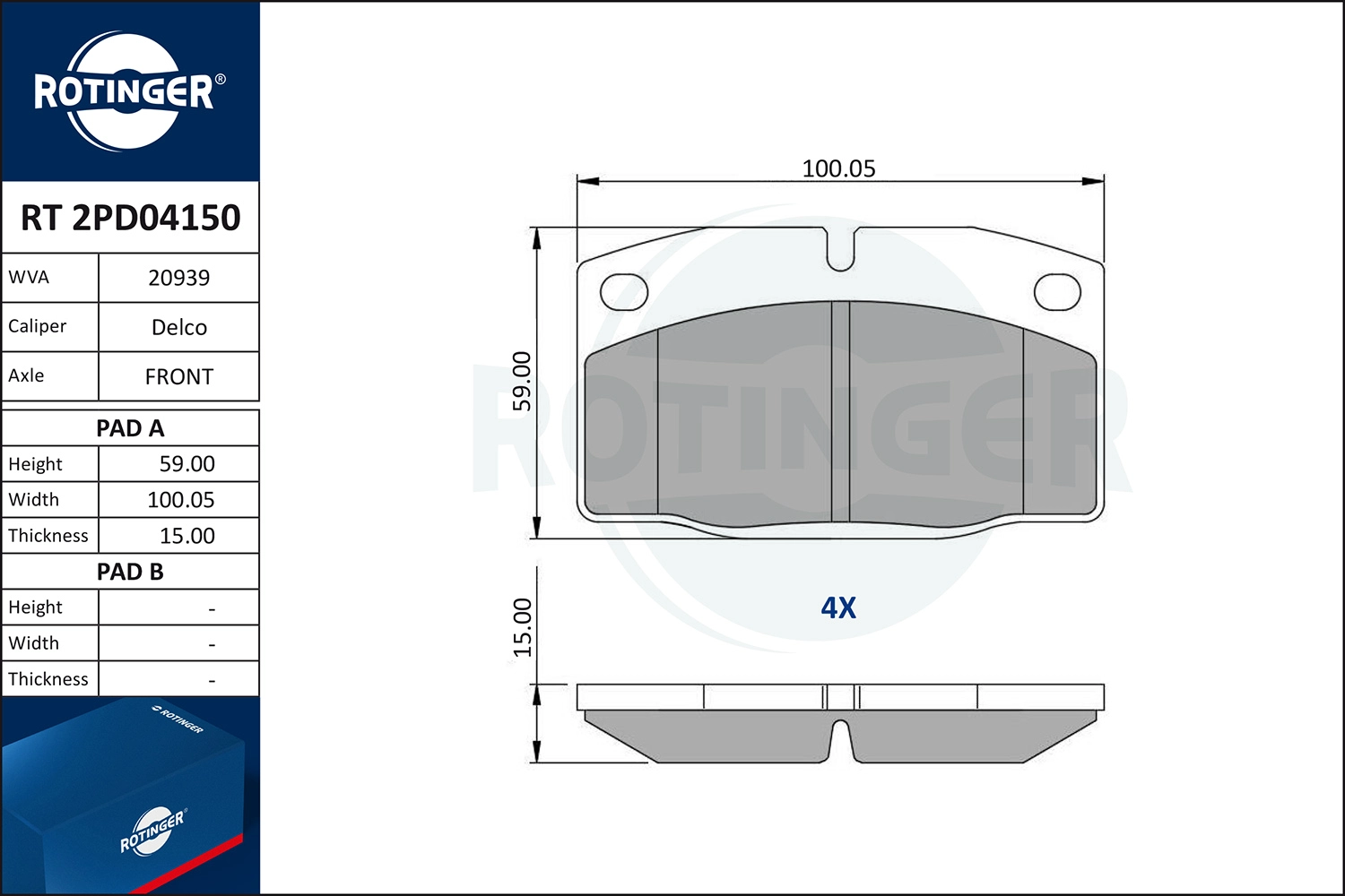 Kit de plaquettes de frein, frein à disque ROTINGER RT 2PD04150