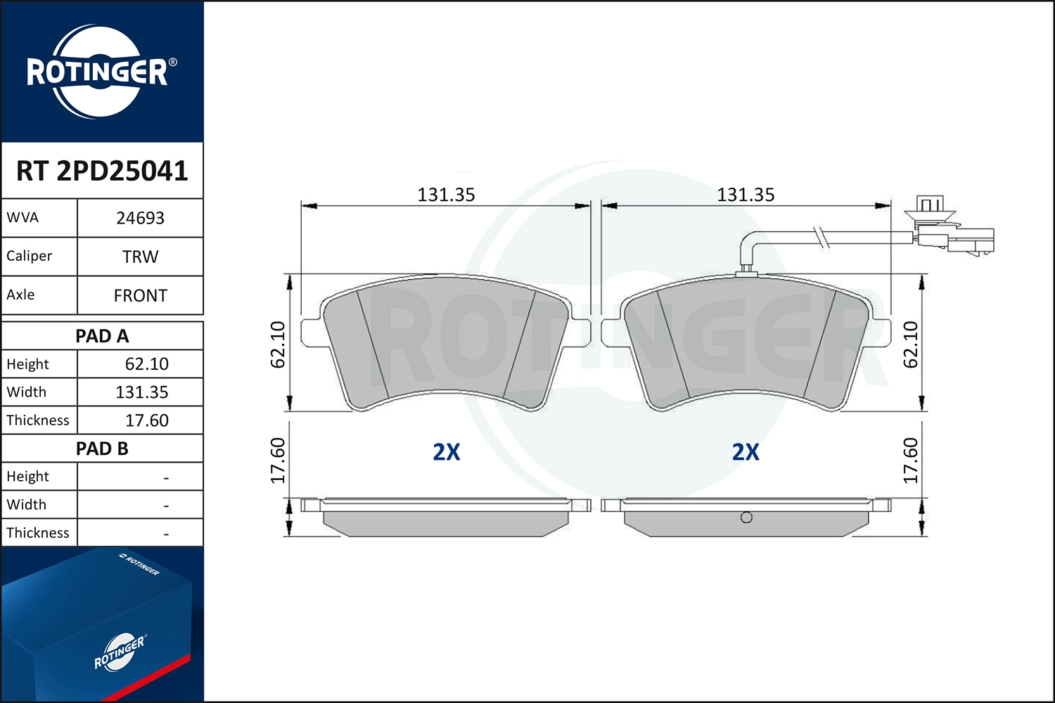 Kit de plaquettes de frein, frein à disque ROTINGER RT 2PD25041