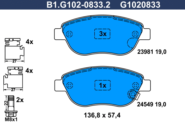 Kit de plaquettes de frein, frein à disque GALFER B1.G102-0833.2