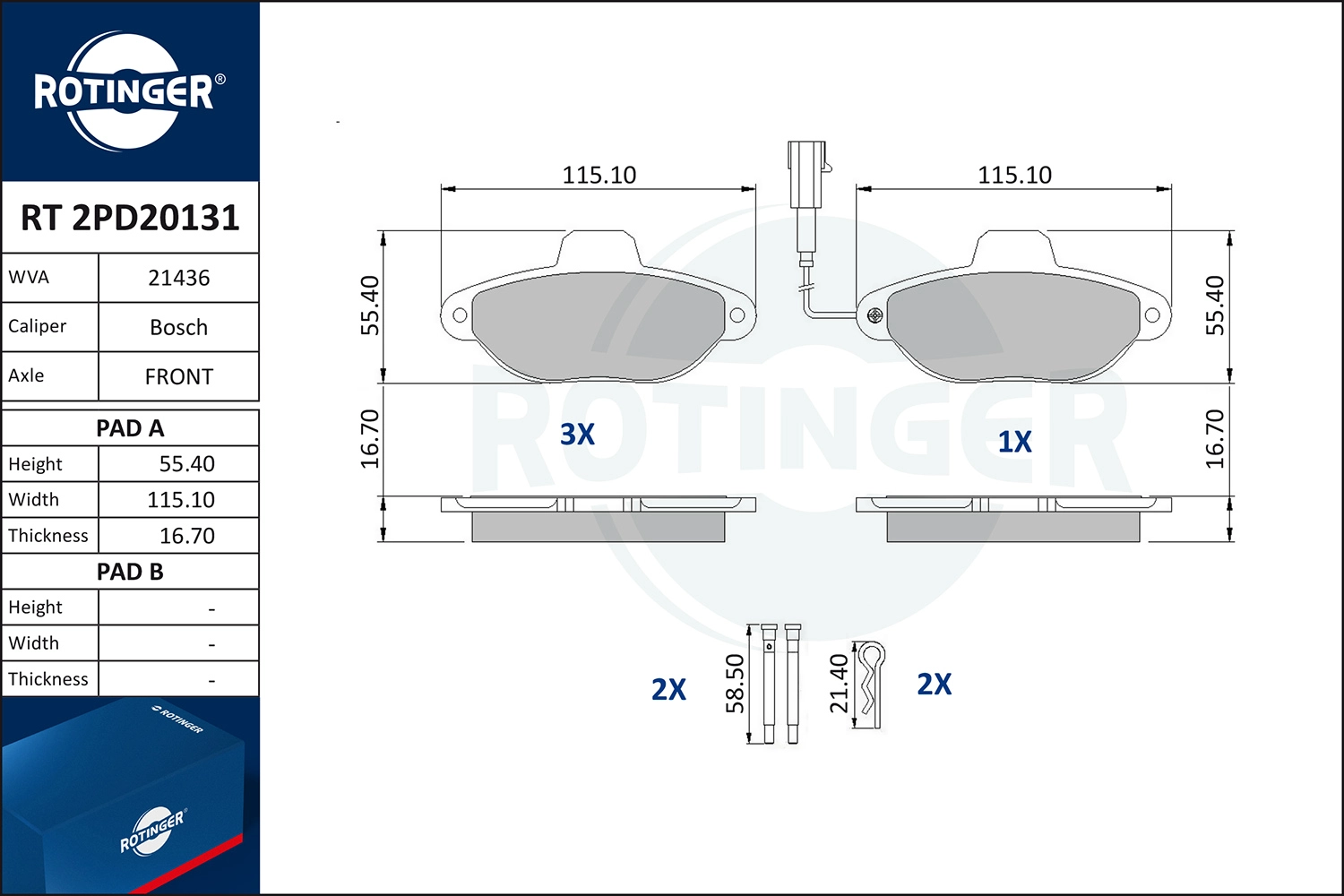 Kit de plaquettes de frein, frein à disque ROTINGER RT 2PD20131