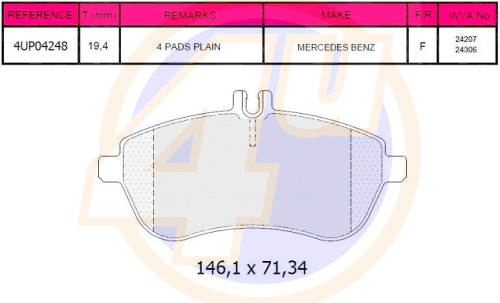 Kit de plaquettes de frein, frein à disque 4u 4UP04248