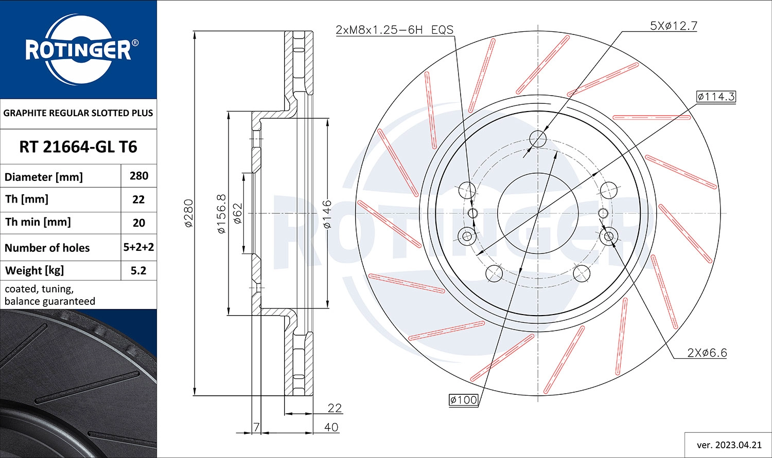 Disque de frein ROTINGER RT 21664-GL T6