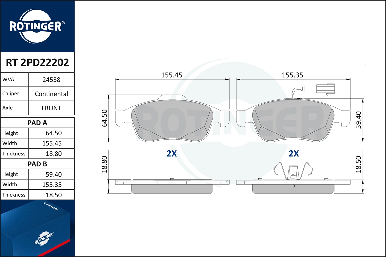 Kit de plaquettes de frein, frein à disque ROTINGER RT 2PD22202