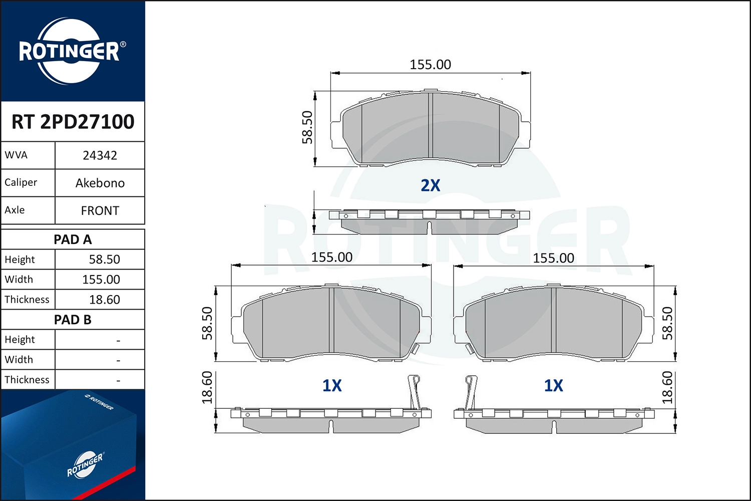 Kit de plaquettes de frein, frein à disque ROTINGER RT 2PD27100