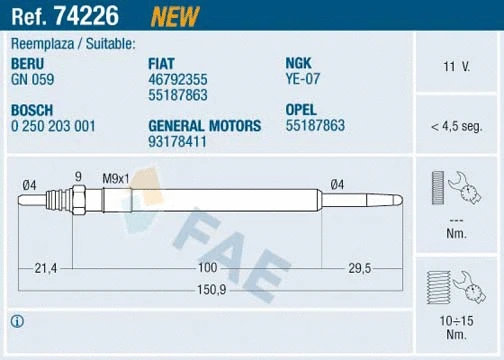 Bougie de préchauffage FAE 74226
