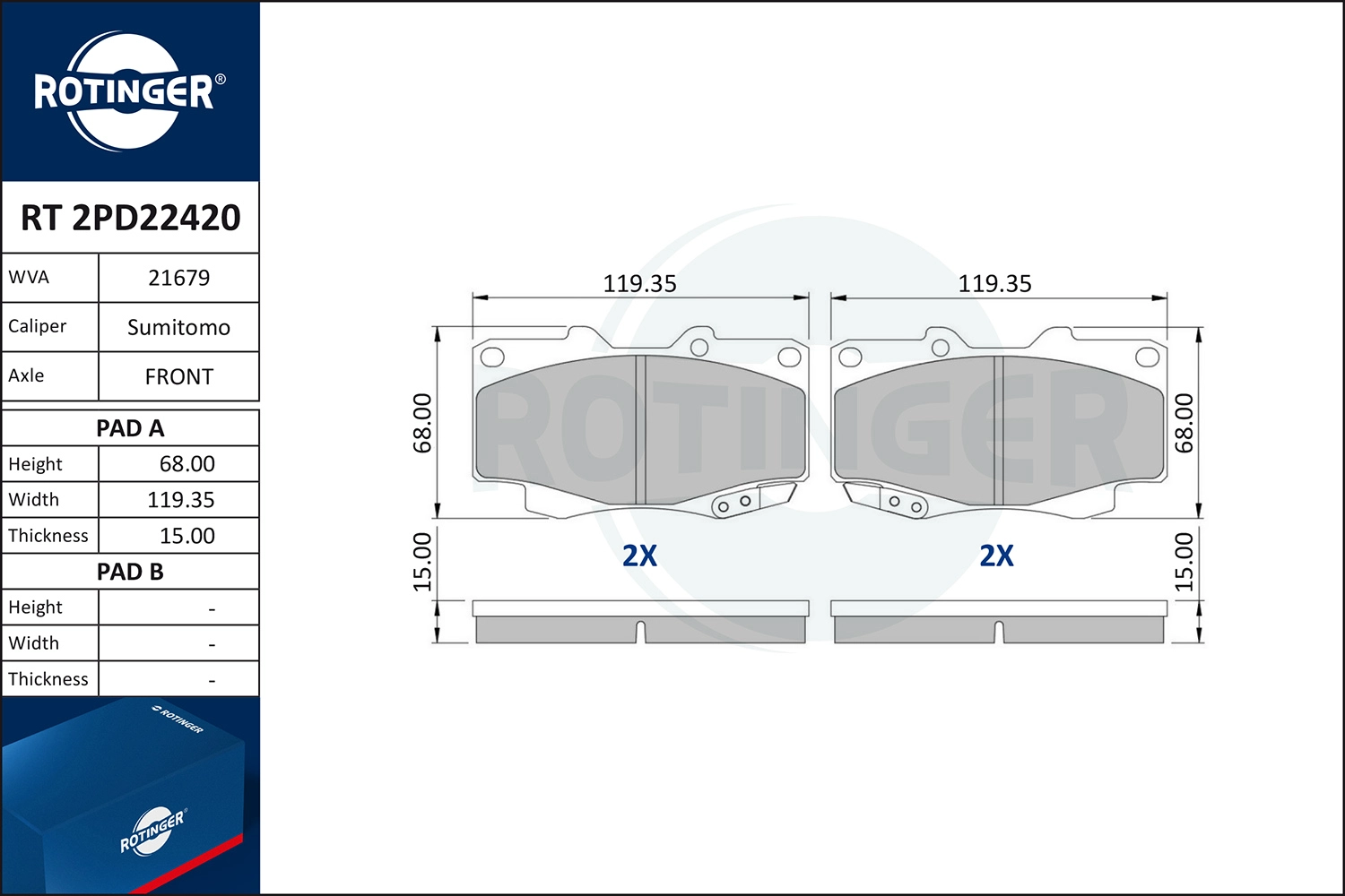 Kit de plaquettes de frein, frein à disque ROTINGER RT 2PD22420