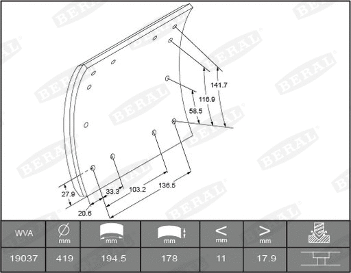 Kit de garnitures de frein, frein à tambour BERAL 1903619600015606