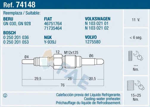 Bougie de préchauffage FAE 74148