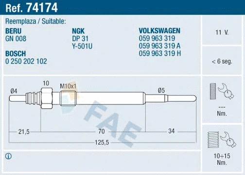 Bougie de préchauffage FAE 74174