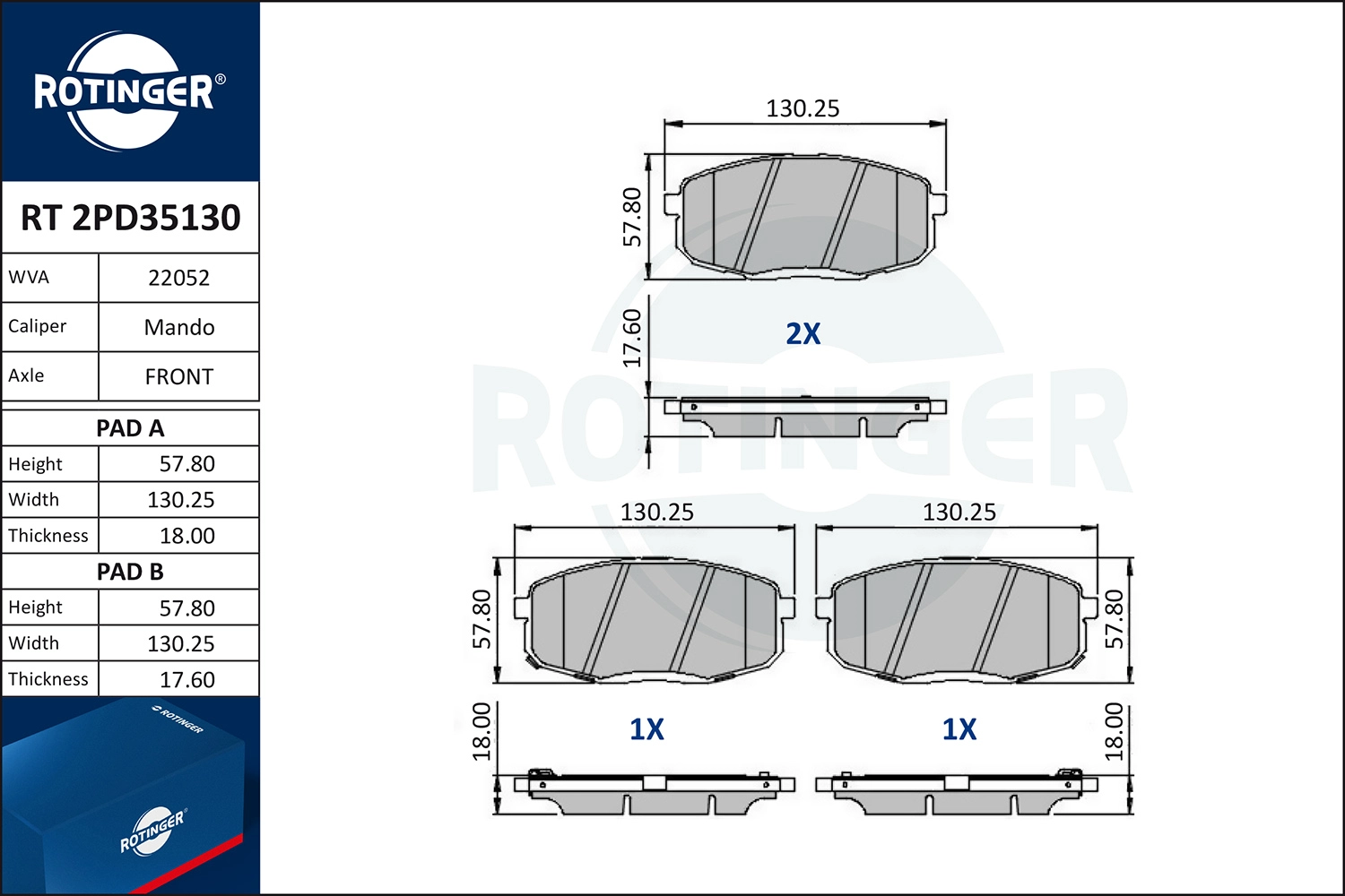 Kit de plaquettes de frein, frein à disque ROTINGER RT 2PD35130