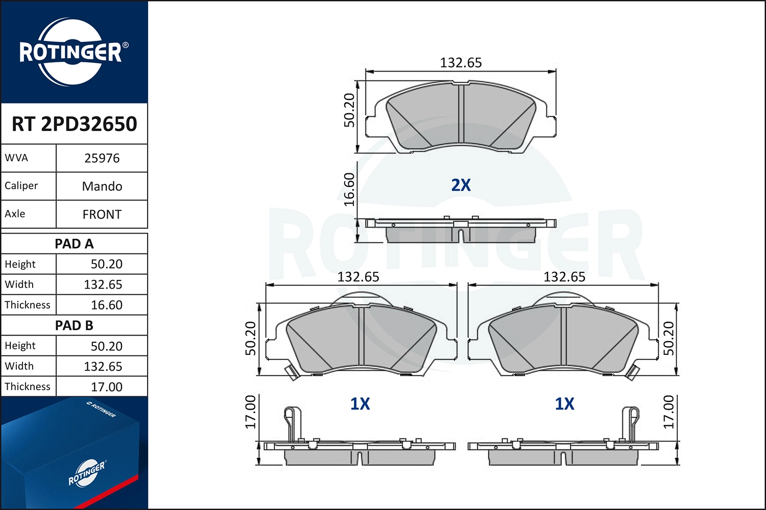 Kit de plaquettes de frein, frein à disque ROTINGER RT 2PD32650