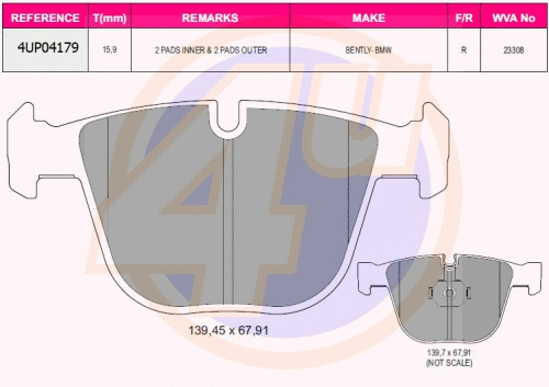 Kit de plaquettes de frein, frein à disque 4u 4UP04179
