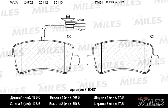 Kit de plaquettes de frein, frein à disque MILES E110481
