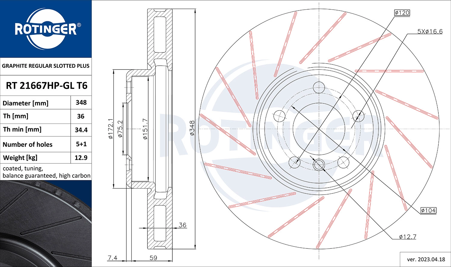 Disque de frein ROTINGER RT 21667HP-GL T6