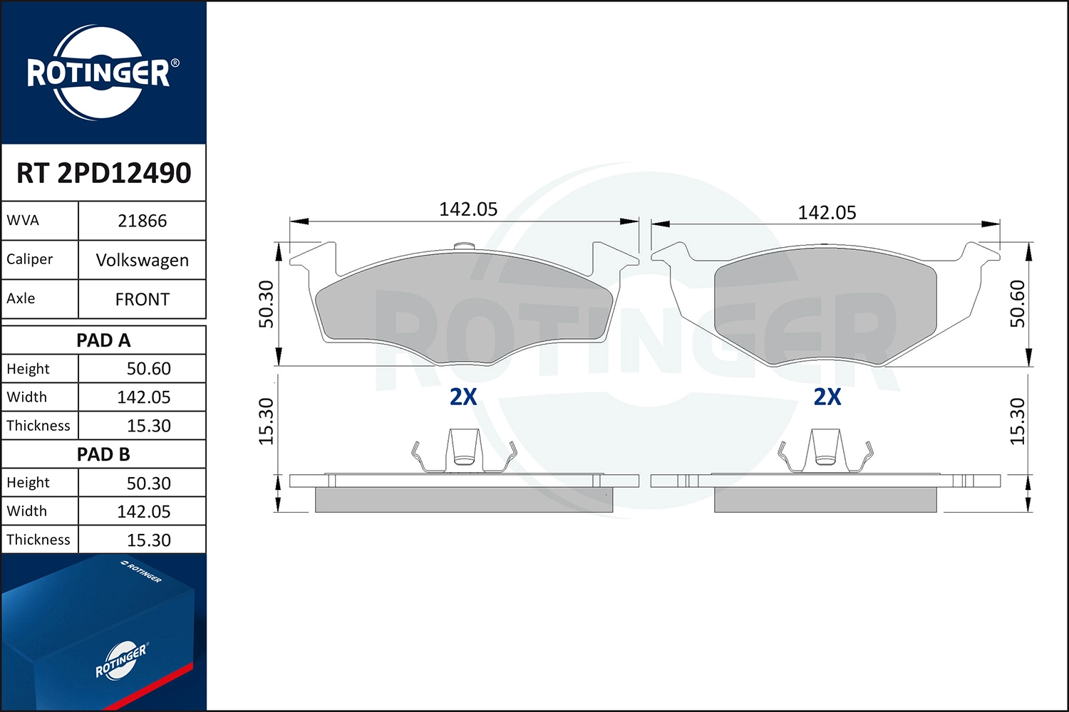Kit de plaquettes de frein, frein à disque ROTINGER RT 2PD12490