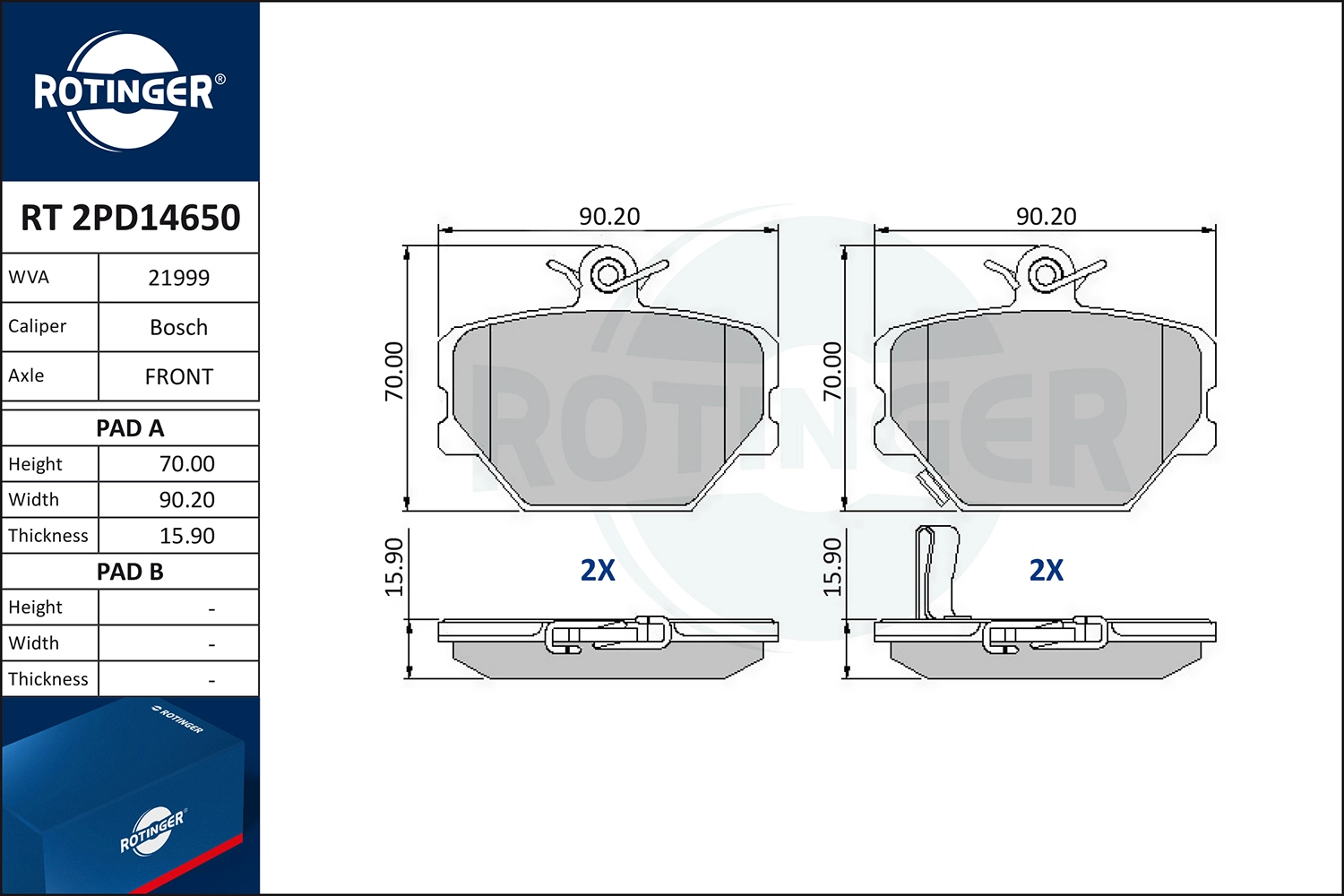 Kit de plaquettes de frein, frein à disque ROTINGER RT 2PD14650