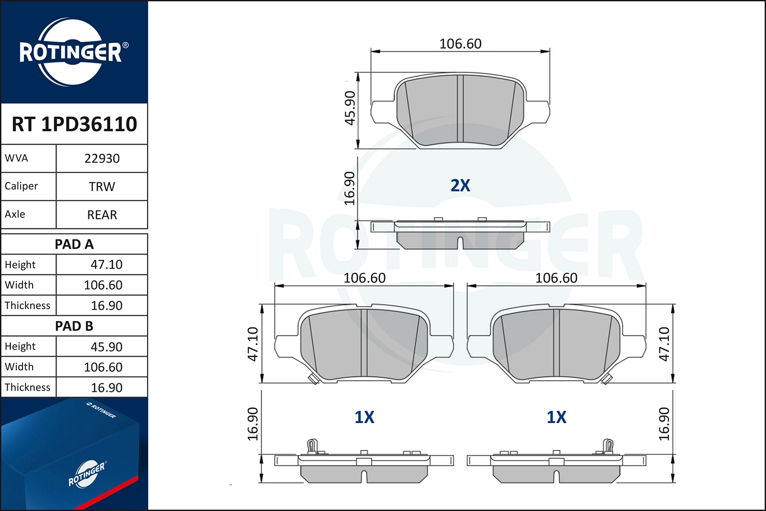Kit de plaquettes de frein, frein à disque ROTINGER RT 1PD36110