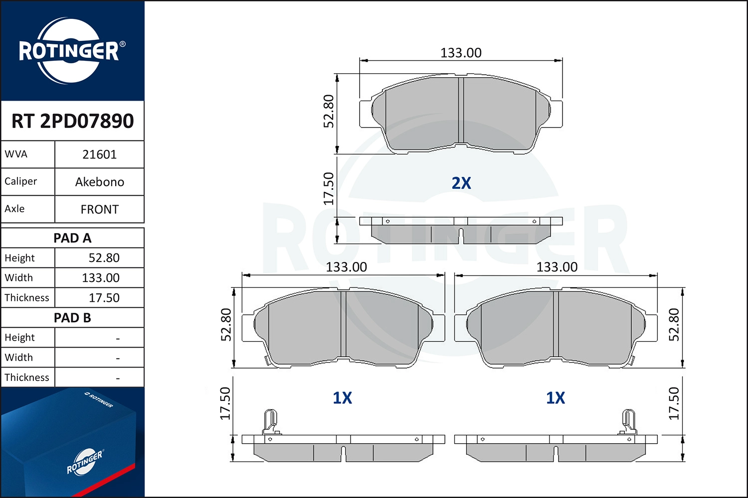 Kit de plaquettes de frein, frein à disque ROTINGER RT 2PD07890