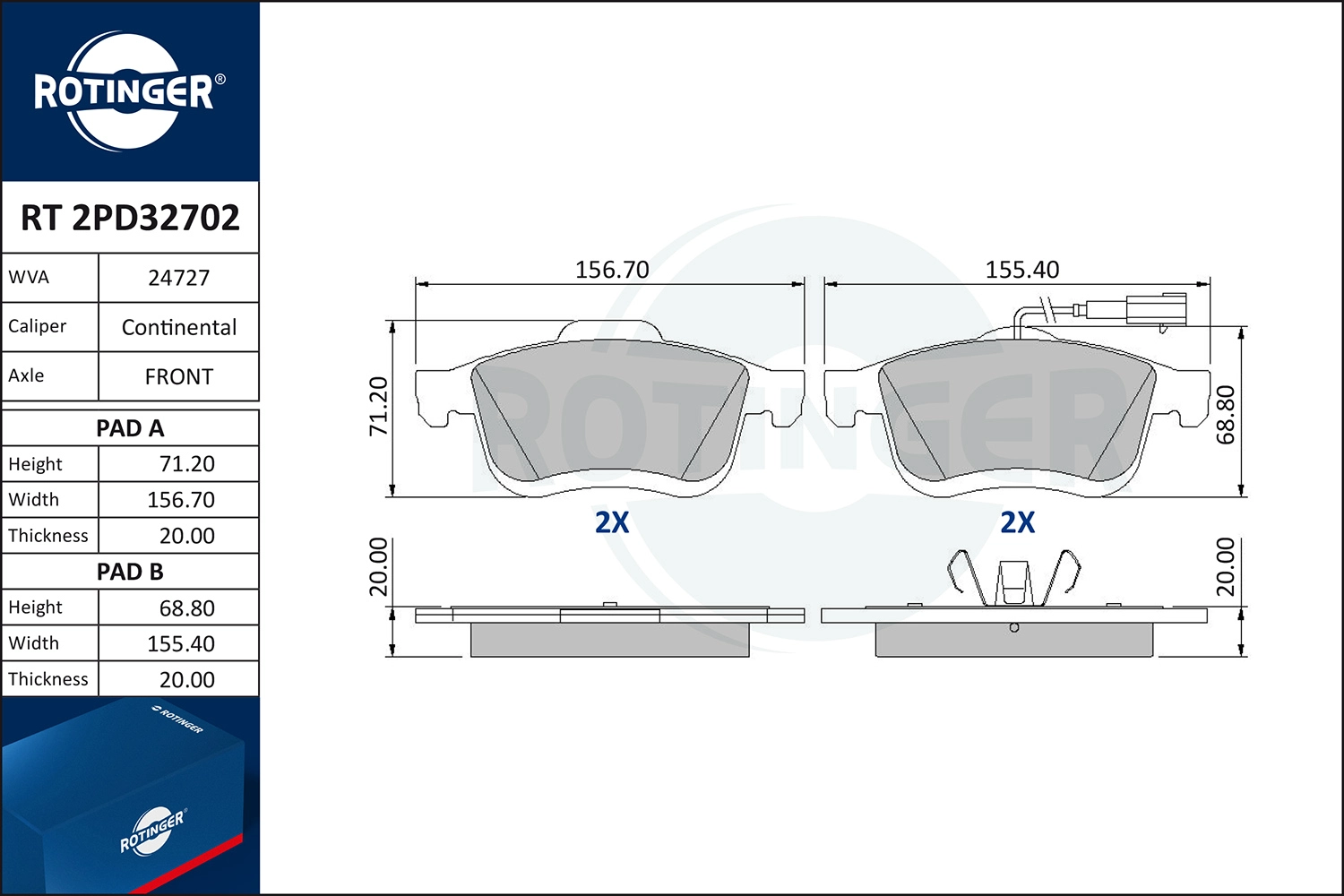 Kit de plaquettes de frein, frein à disque ROTINGER RT 2PD32702