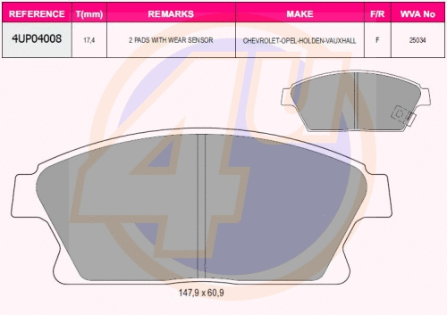 Kit de plaquettes de frein, frein à disque 4u 4UP04008