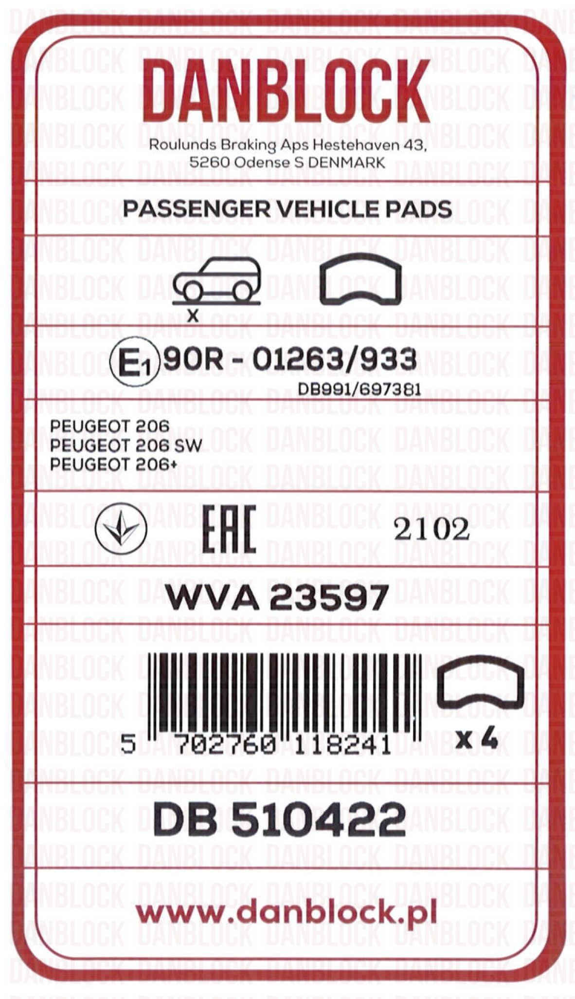 Kit de plaquettes de frein, frein à disque DANBLOCK DB 510422