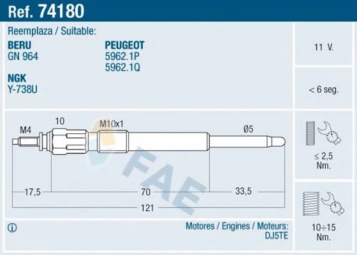 Bougie de préchauffage FAE 74180