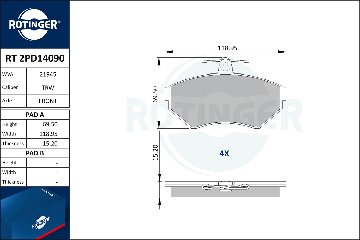 Kit de plaquettes de frein, frein à disque ROTINGER RT 2PD14090